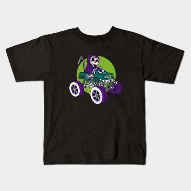 Grim Reaper Driving a Monster Truck // Funny Halloween Cartoon Kids T-Shirt by SLAG_Creative